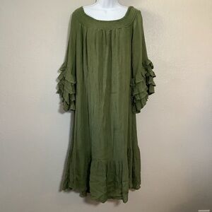 Green Ruffle Forest Fairy Renaissance Fair Lagenlook Boho Midi Dress Sz 16